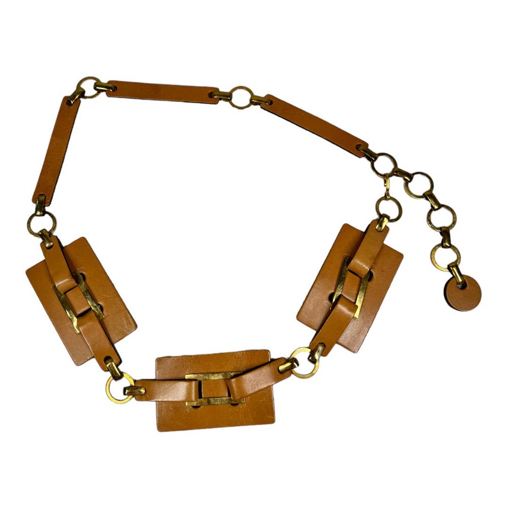 Vintage Tan Leather Chain Belt One Size Geometric Retro Hippie Boho Adjustable